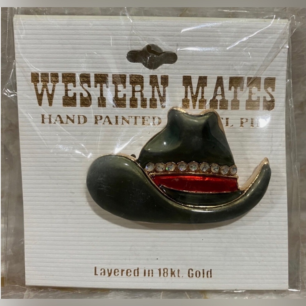 Western Mates Hand Painted Enamel Brooch Pin - Green W/ Red Cowboy/Cowgirl Hat